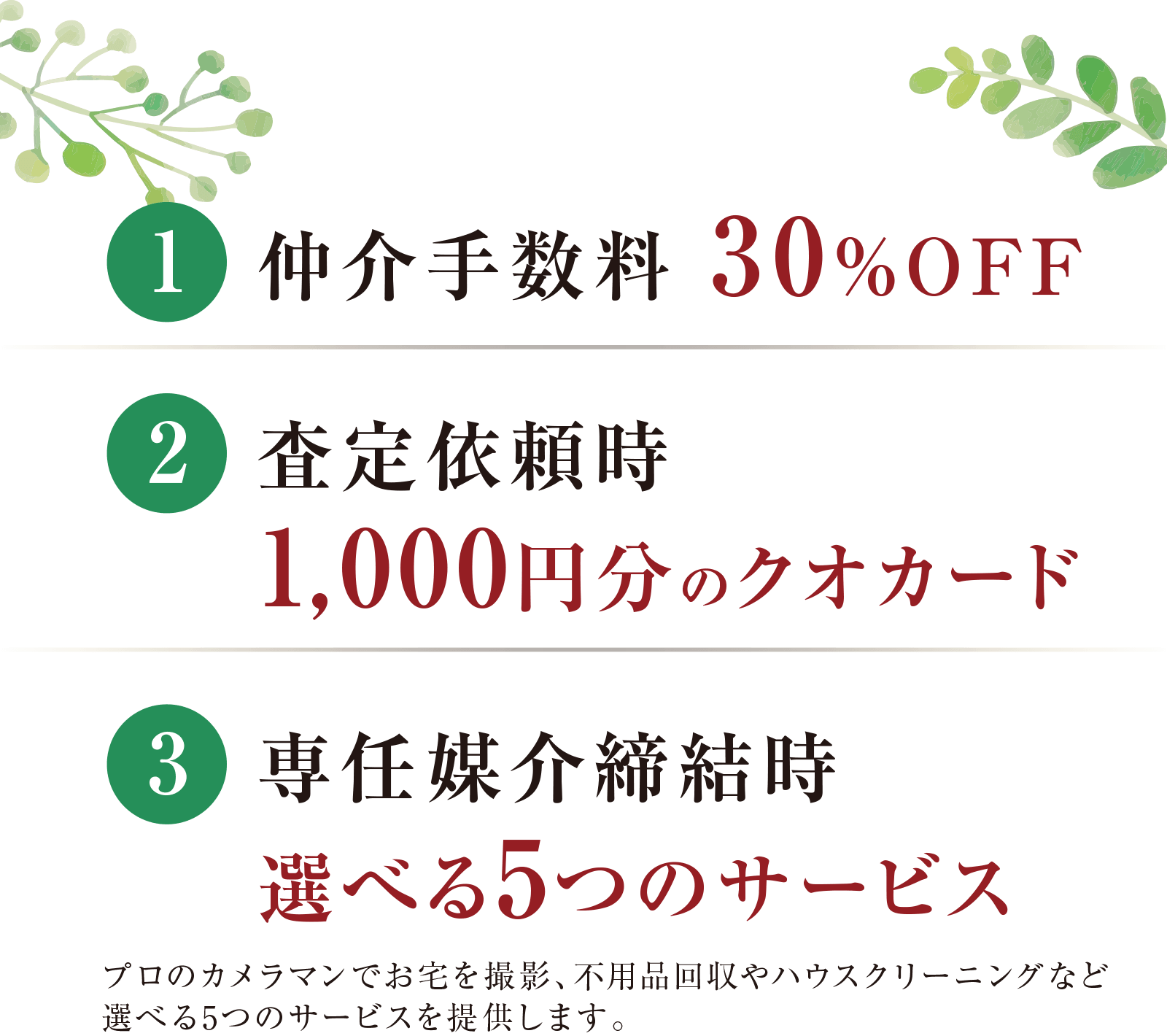 〔1〕仲介手数料 30%OFF|〔2〕査定依頼時 1,000円分のクオカード|〔3〕専任媒介締結時 選べる5つのサービス プロのカメラマンでお宅を撮影、不用品回収やハウスクリーニングなど選べる5つのサービスを提供します。